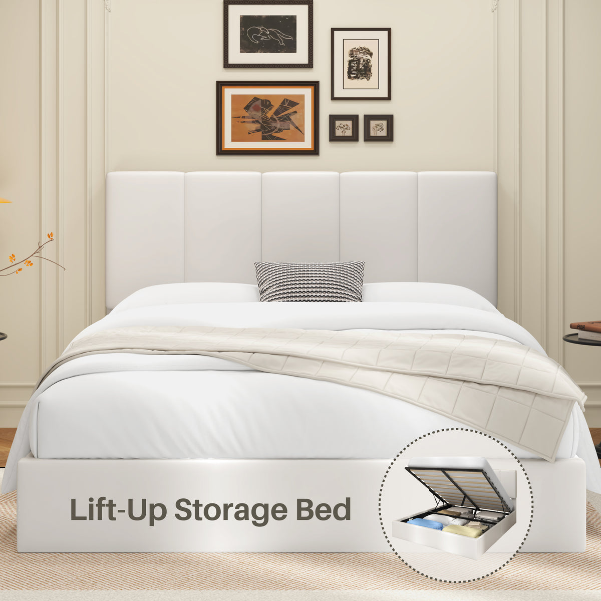 Frostbloom Full Size Lift-Up Storage Platform Bed with Velvet Wide Vertical Channel Tufted Upholstered Headboard, White