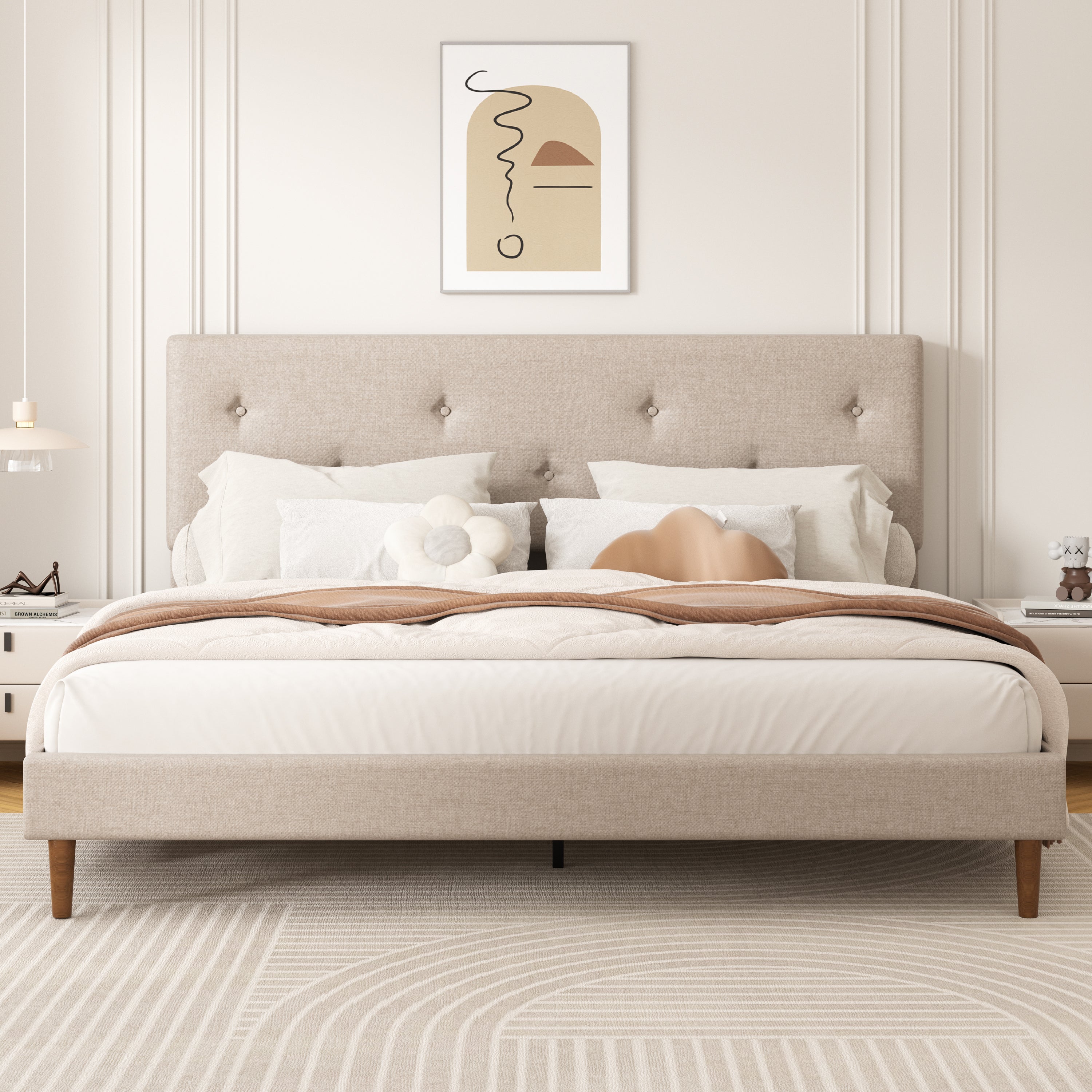 Frostbloom Linen Upholstered Platform Bed Frame with Adjustable Headboard