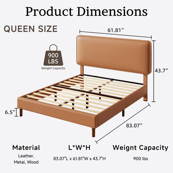 Frostbloom Queen Bed Frame, Upholstered Faux Leather Platform Bed with Adjustable Headboard, Orange Brown