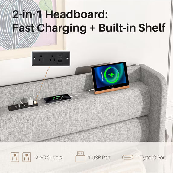Frostbloom Full Size Bed Frame with USB & Type-C Charging Station and Linen Fabric Wingback Headboard, Light Gray