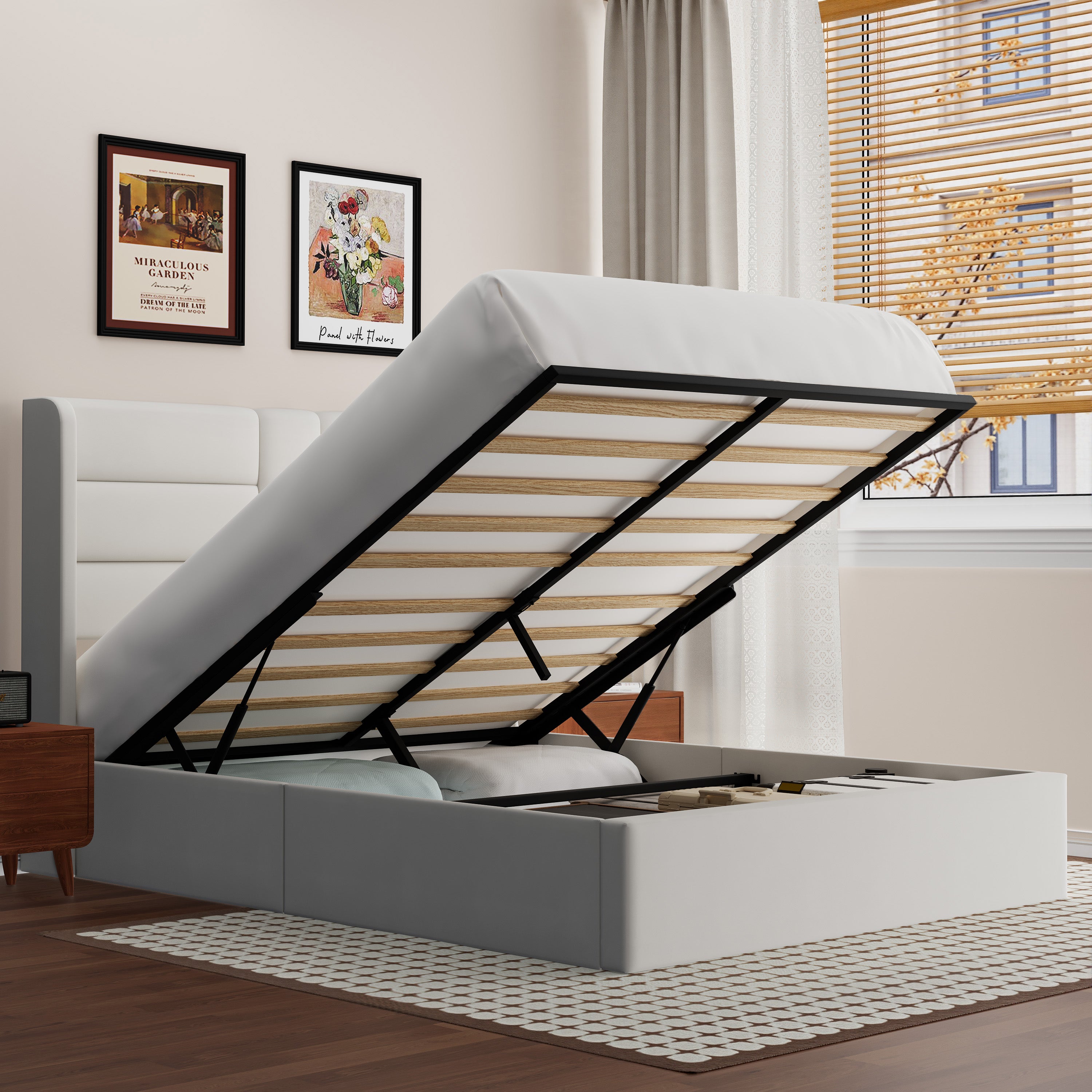 Frostbloom Lift Up Bed Frame with Large Storage, Modern Velvet Upholstered Wingback Headboard Platform Bed