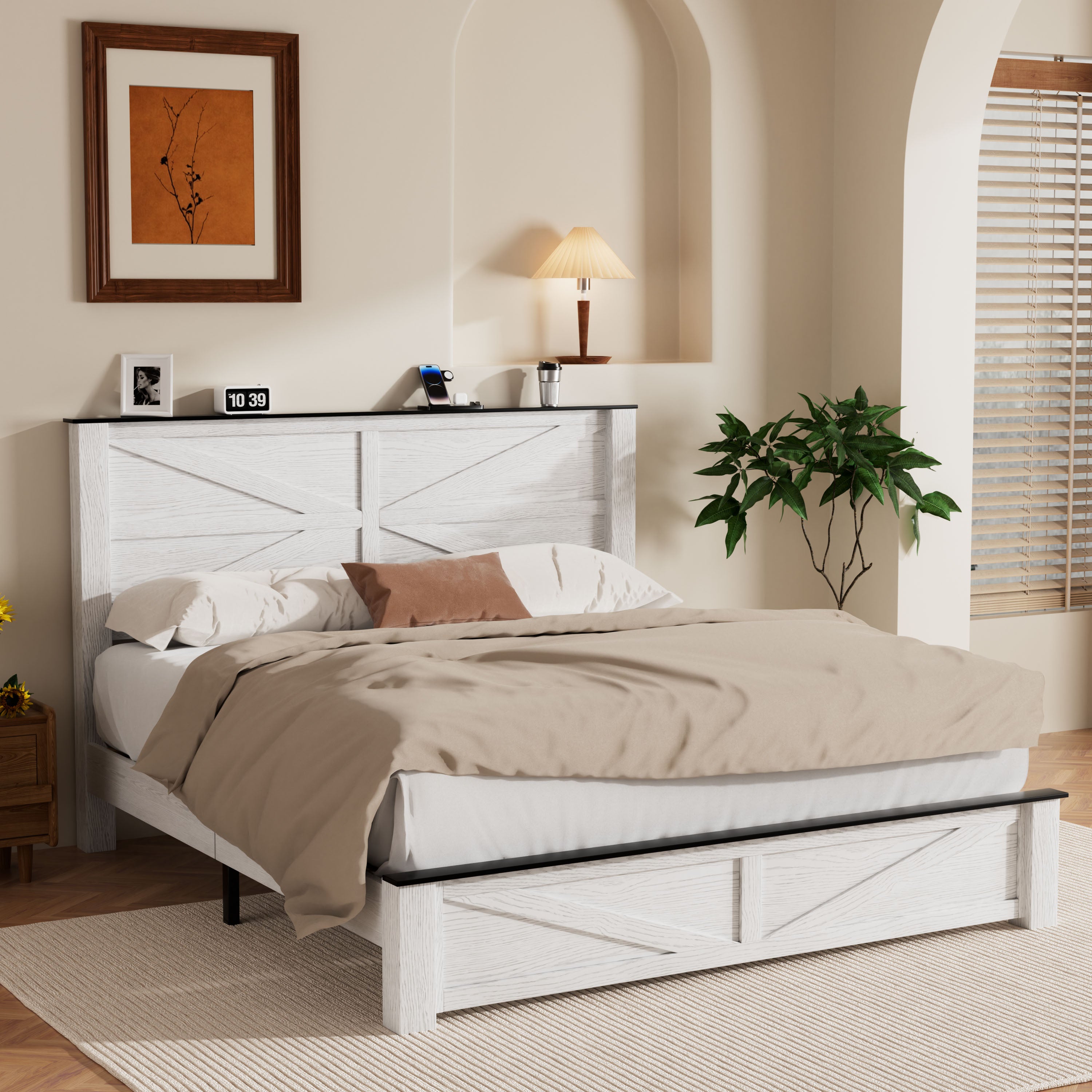 Frostbloom Platform Bed Frame with Wooden Headboard, Natural Wood Grain
