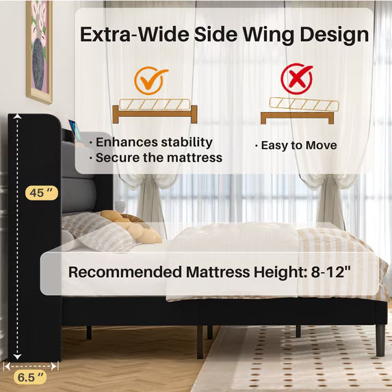 Frostbloom Full Size Bed Frame with USB & Type-C Charging Station and Velvet Wingback Headboard, Black