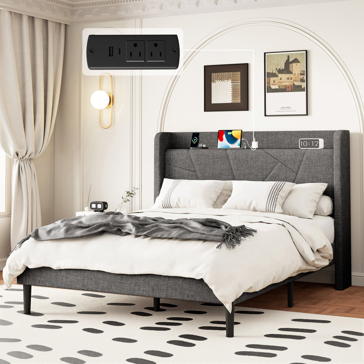 Frostbloom Linen Upholstered King Platform Bed Frame with Storage Headboard Shelf, USB & Type-C Charging Ports, Dark Gray