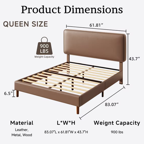 Frostbloom Queen Bed Frame, Upholstered Faux Leather Platform Bed with Adjustable Headboard, Dark Brown