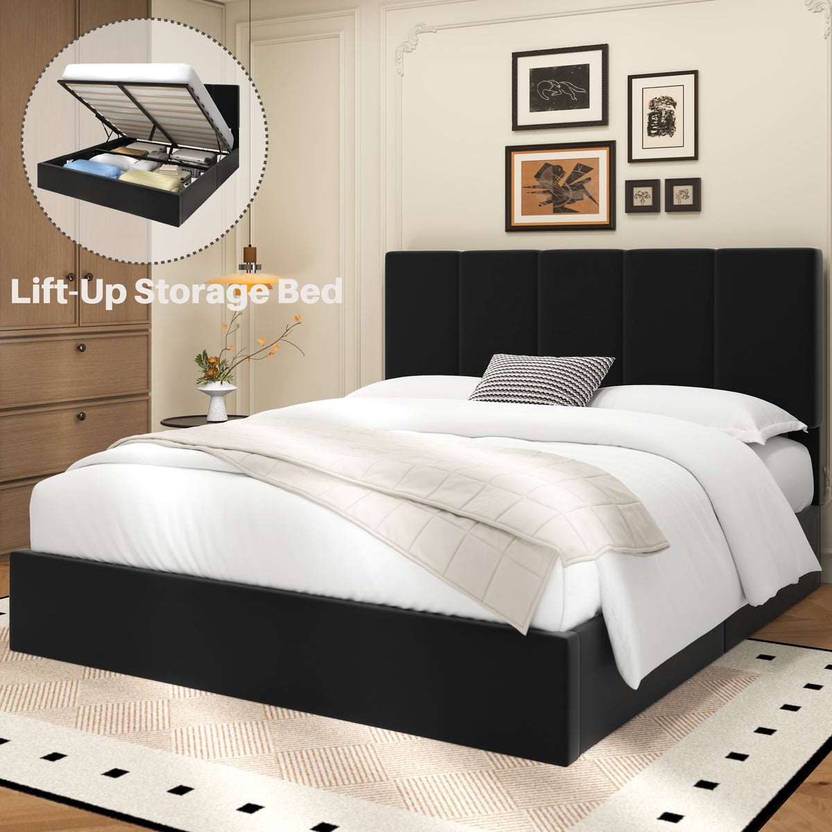 Frostbloom Full Size Lift-Up Storage Platform Bed with Velvet Wide Vertical Channel Tufted Upholstered Headboard, Black
