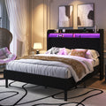 Frostbloom Queen Size Corduroy Bed Frame with LED Lights, Charging Station & Wingback Headboard, Black