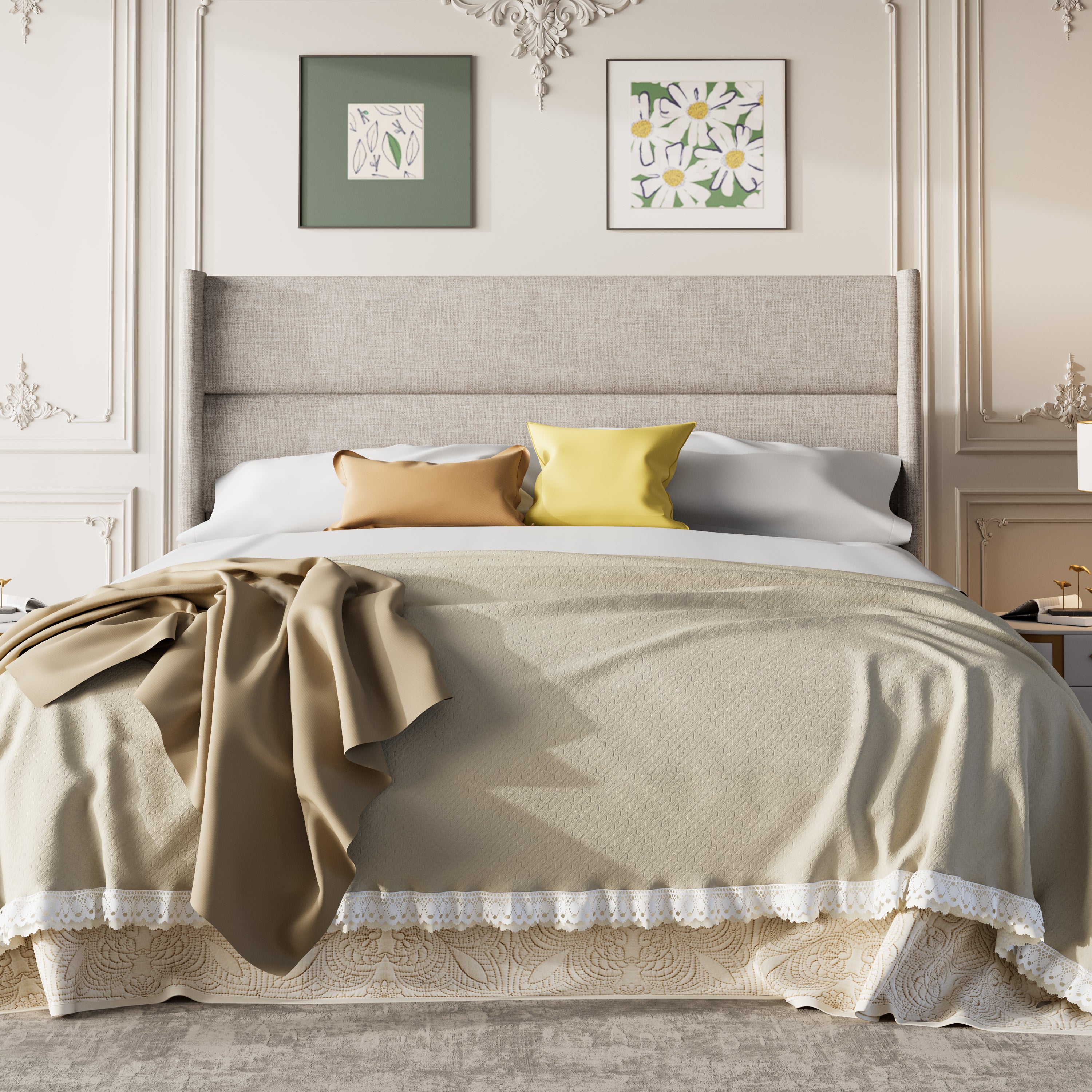 Frostbloom Platform Bed Frame, Linen Upholstered Wingback Headboard
