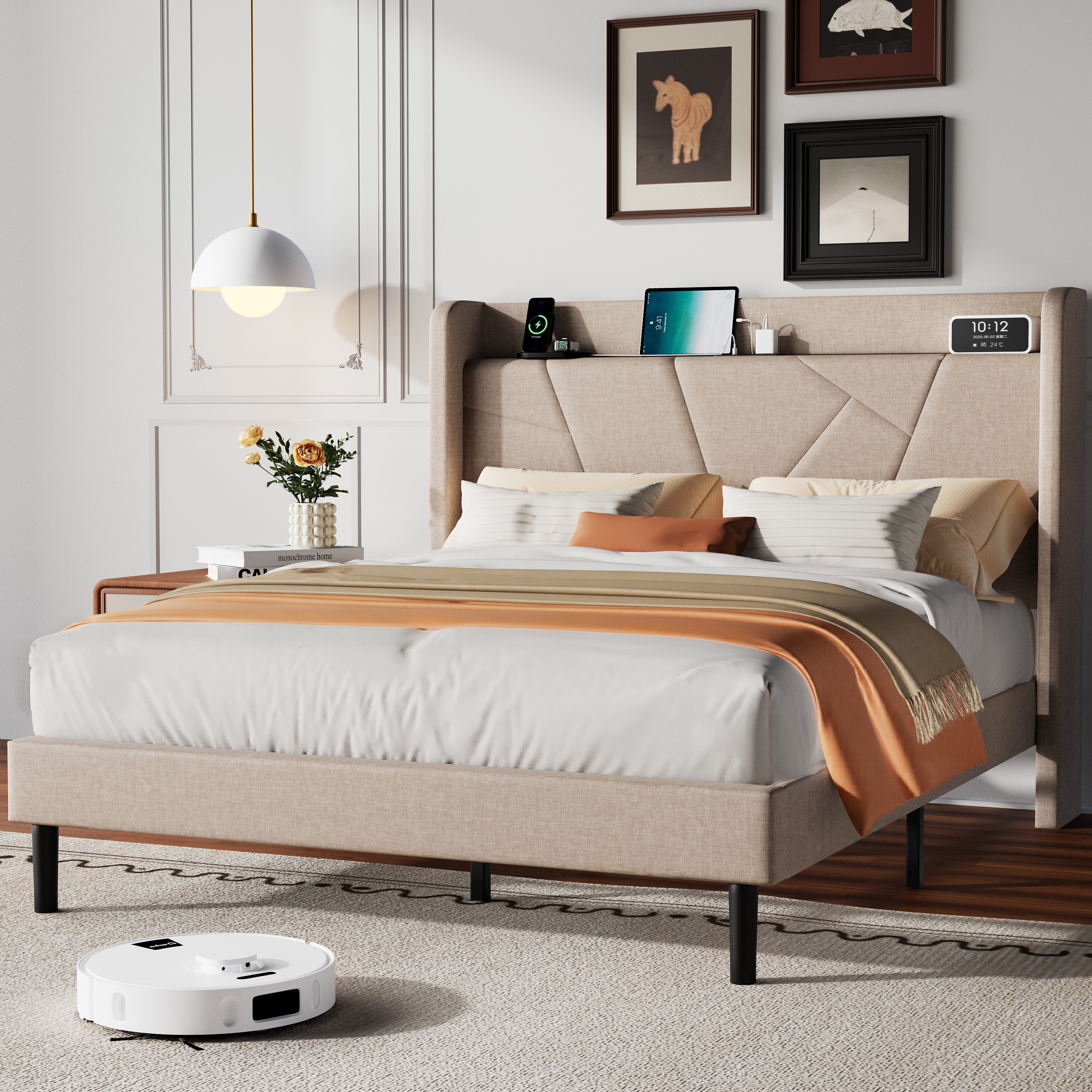 Frostbloom Platform Bed Frame with USB & Type-C Chargers