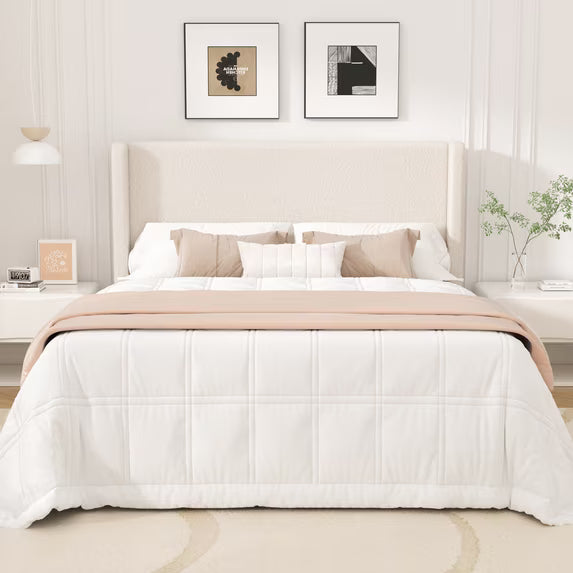 Frostbloom Full Size Boucle Upholstered Platform Bed Frame with Wingback Headboard, Beige