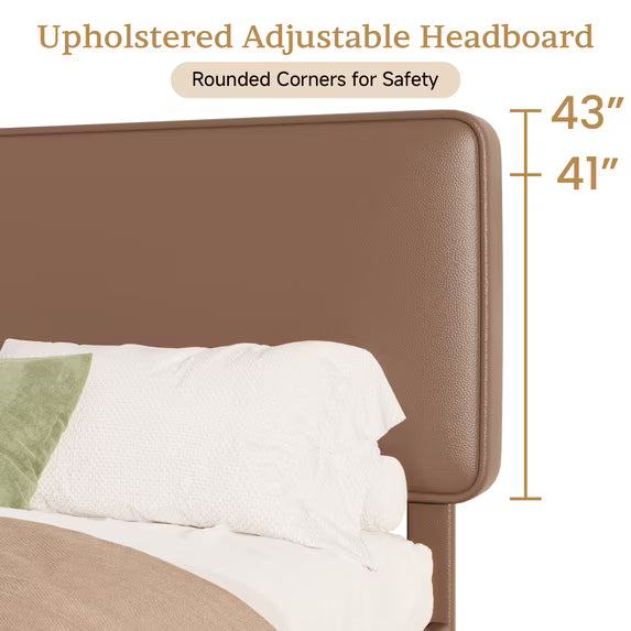 Frostbloom Queen Bed Frame, Upholstered Faux Leather Platform Bed with Adjustable Headboard, Dark Brown