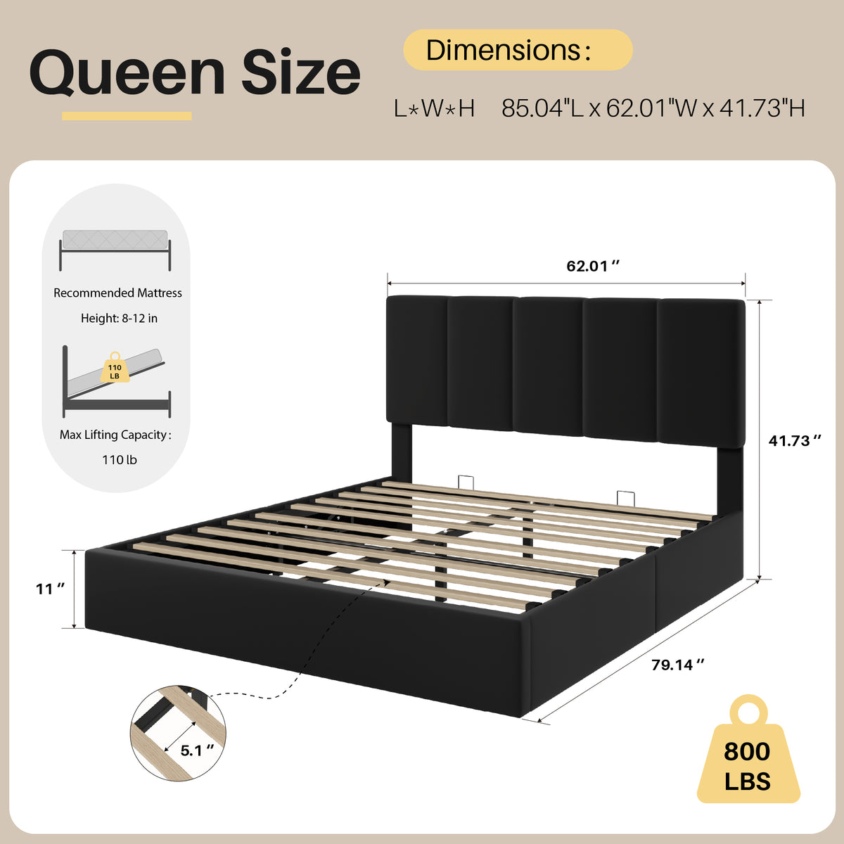 Frostbloom Queen Size Lift-Up Storage Platform Bed with Velvet Wide Vertical Channel Tufted Upholstered Headboard, Black
