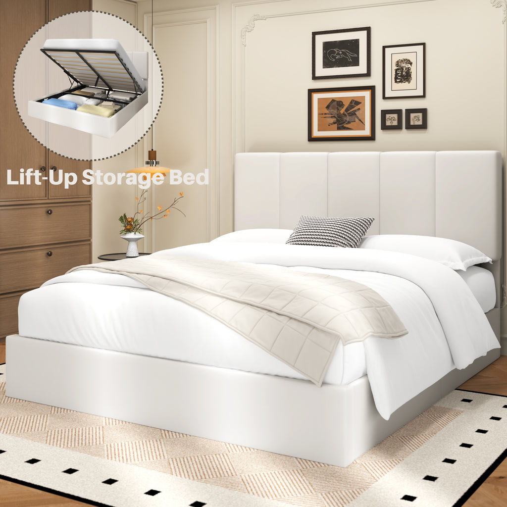 Frostbloom Full Size Lift-Up Storage Platform Bed with Velvet Wide Vertical Channel Tufted Upholstered Headboard, White