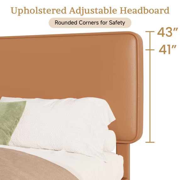 Frostbloom Full Bed Frame, Upholstered Faux Leather Platform Bed with Adjustable Headboard, Orange Brown