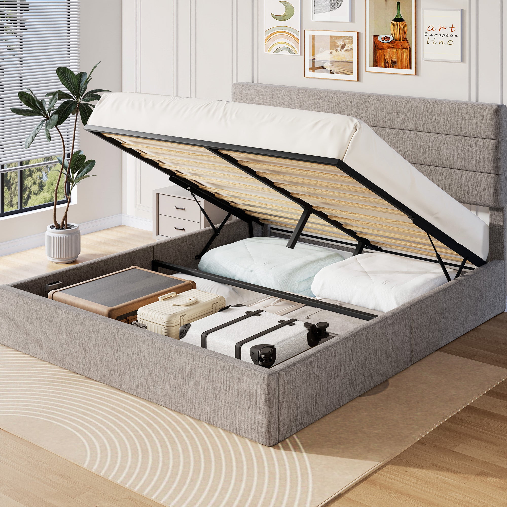 Frostbloom Modern  Upholstered Bed with 3-Panel Wingless Headboard, Lift Up Storage Frame, No Box Spring Needed