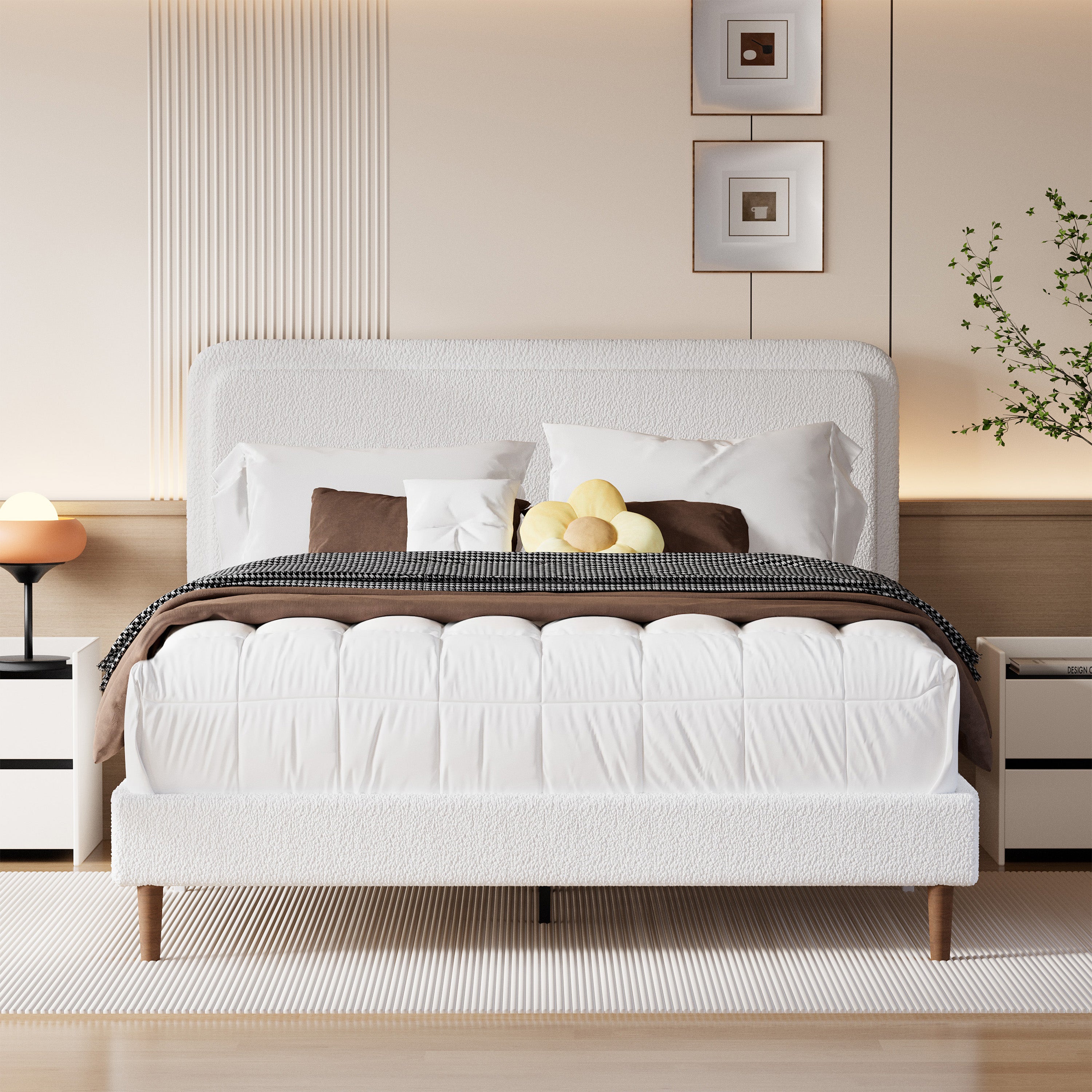 Frostbloom Queen Bed Frame with Boucle Adjustable Headboard, Cloud Style Upholstered Platform Bed, White