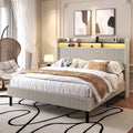 Frostbloom King Size Corduroy Bed Frame with LED Lights, Charging Station & Wingback Headboard, Cream White