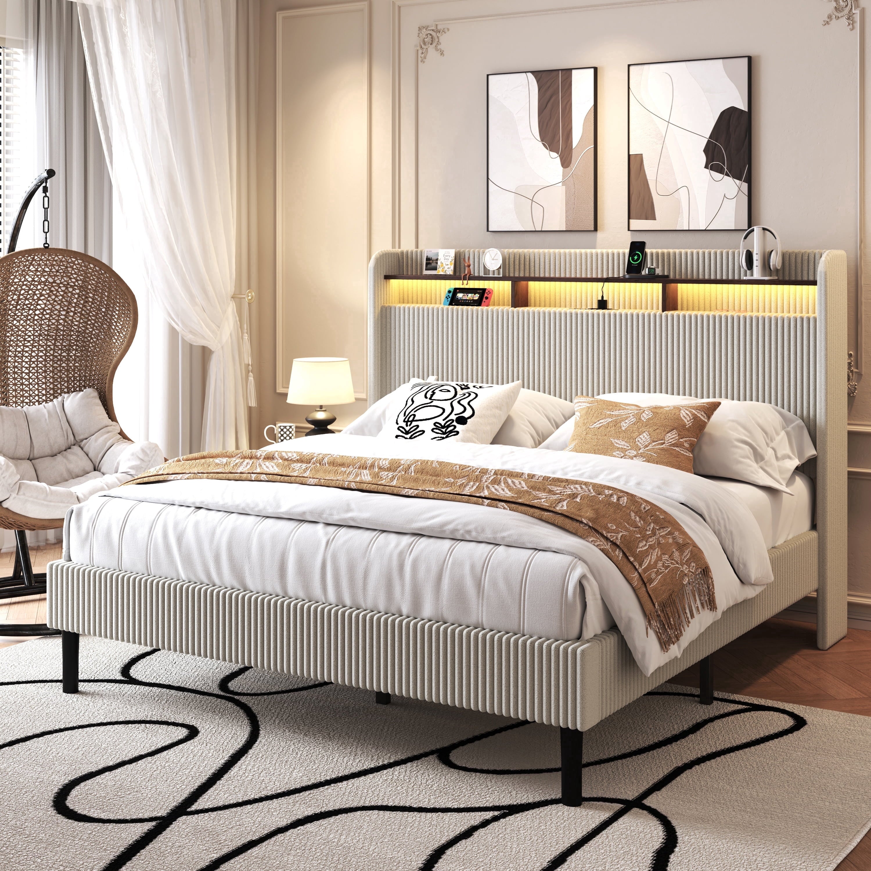 Frostbloom King Size Corduroy Bed Frame with LED Lights, Charging Station & Wingback Headboard, Cream White