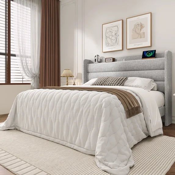 Frostbloom King Bed Frame with USB & Type-C Charging Station and Linen Fabric Wingback Headboard, Light Gray