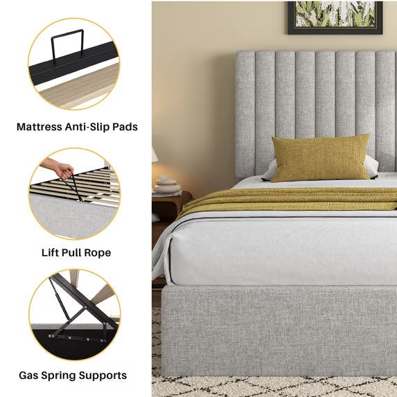 Frostbloom Queen Size Lift-Up Storage Platform Bed with Vertical-Stripe Velvet Upholstered Headboard, Light Gray