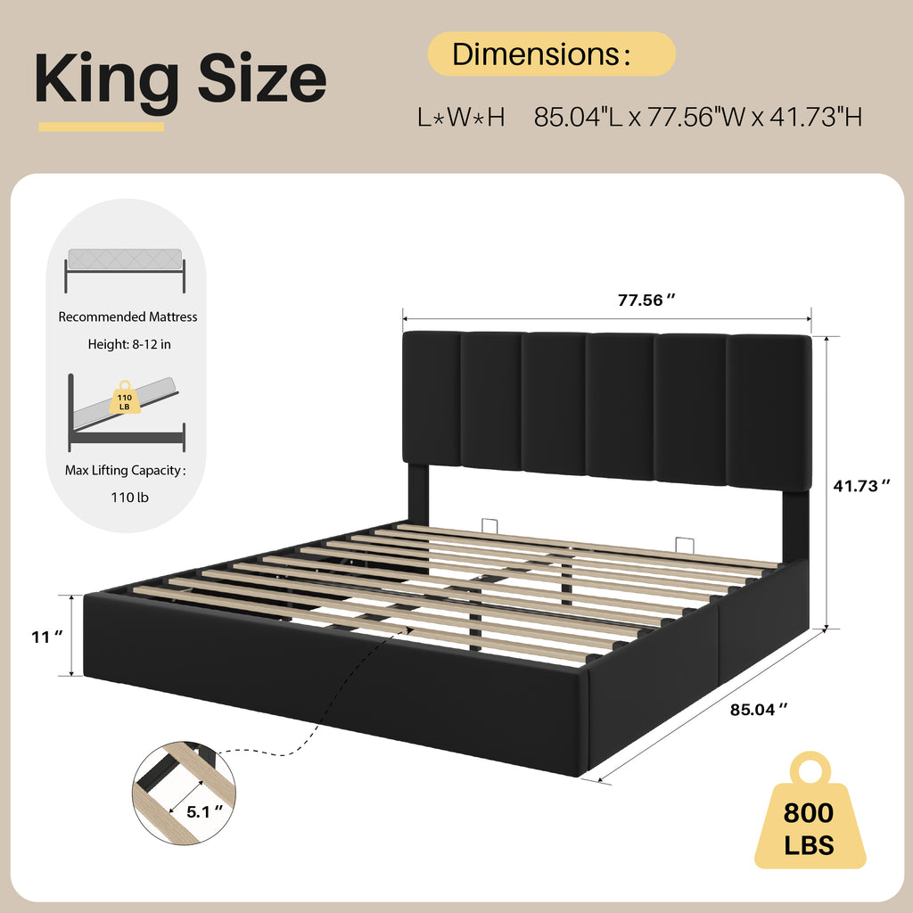 Frostbloom King Size Lift-Up Storage Platform Bed with Velvet Wide Vertical Channel Tufted Upholstered Headboard, Black