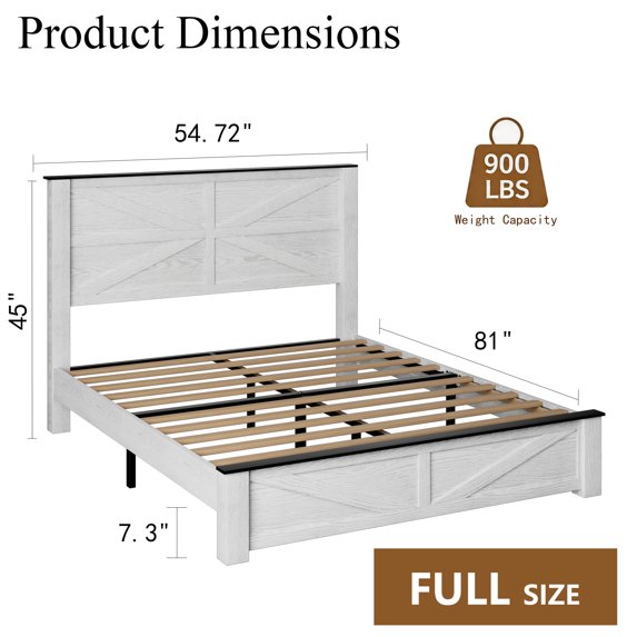 Frostbloom Full Platform Bed Frame with Wooden Headboard, Natural Wood Grain, White