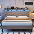 Frostbloom Full Size Linen Upholstered Platform Bed with Geometric Wingback Headboard, LED Light, Storage Shelves & Built-in Charging Station, Beige