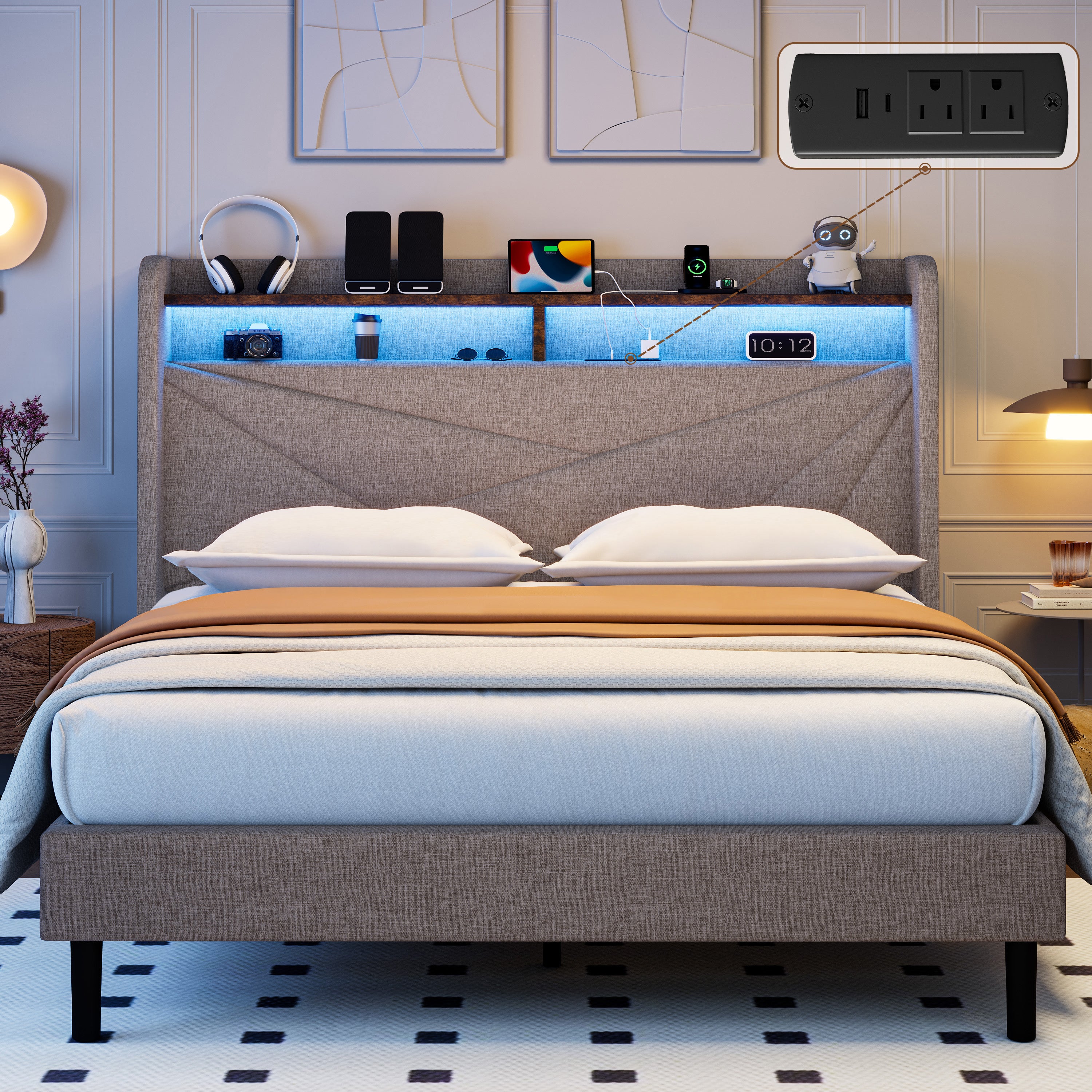 Frostbloom  Upholstered Platform Bed with Geometric Wingback Headboard, LED Light, Storage Shelves & Built-in Charging Station