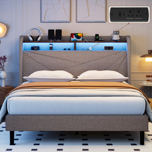 Frostbloom  Upholstered Platform Bed with Geometric Wingback Headboard, LED Light, Storage Shelves & Built-in Charging Station