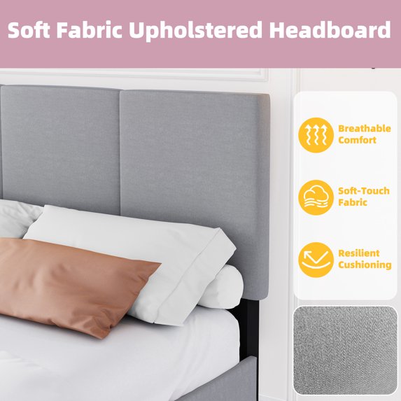 Frostbloom Queen Size Platform Bed Frame with Linen Fabric Upholstered Headboard, Gray
