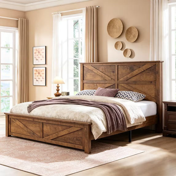 Frostbloom Full Platform Bed Frames with Wooden Headboard Natural Wood Grain (Brown)