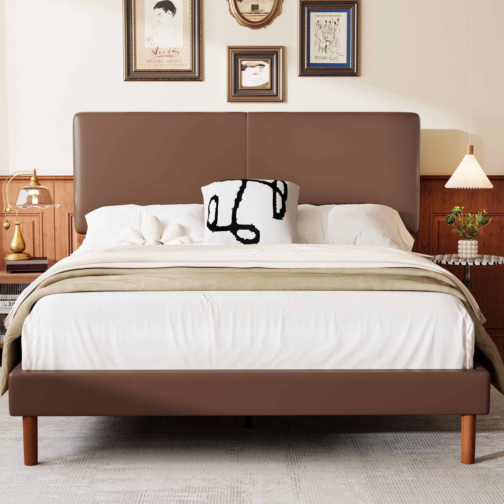 Frostbloom Full Size Faux Leather Platform Bed Frame with Adjustable Headboard, Dark Brown