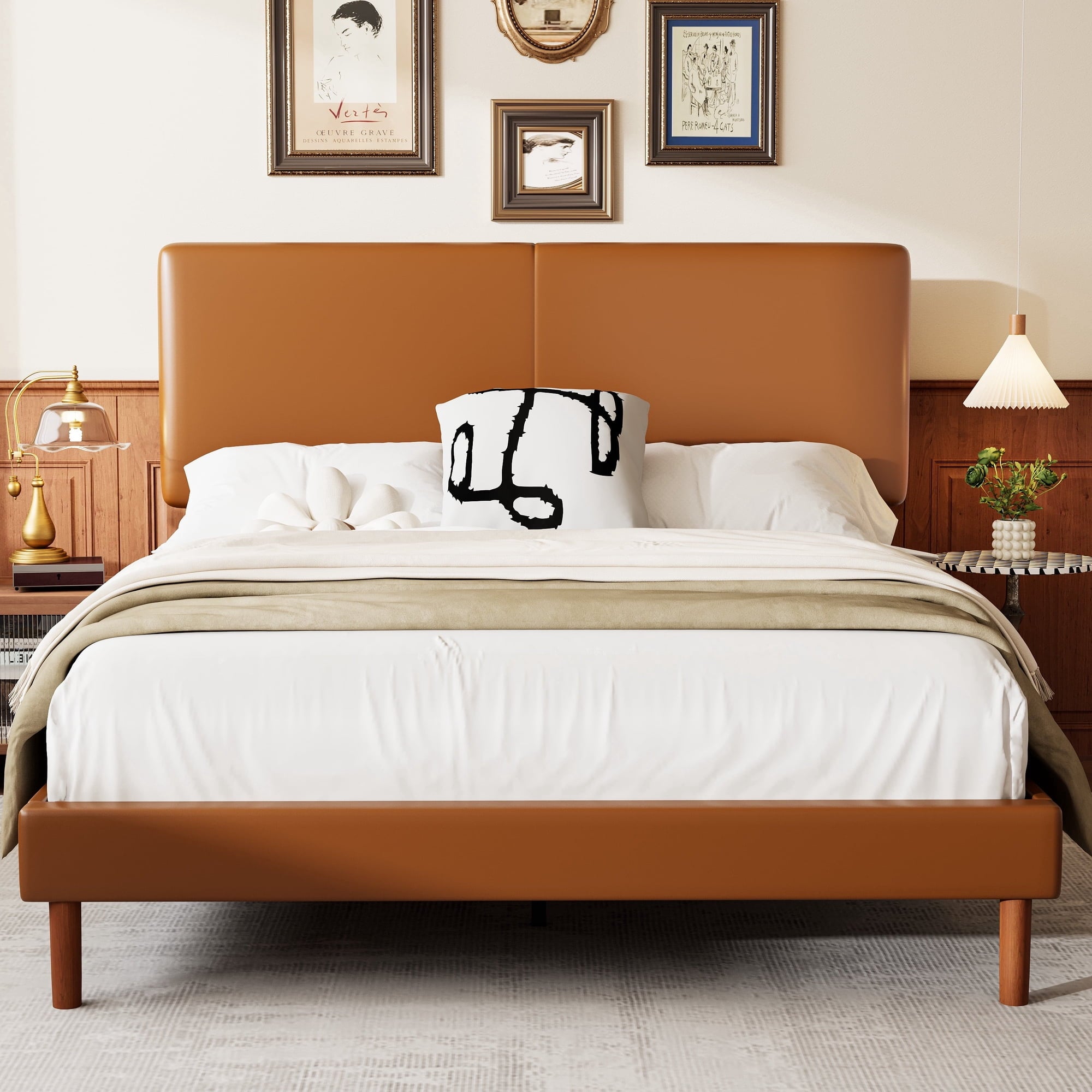 Frostbloom Full Size Faux Leather Platform Bed Frame with Adjustable Headboard, Orange Brown