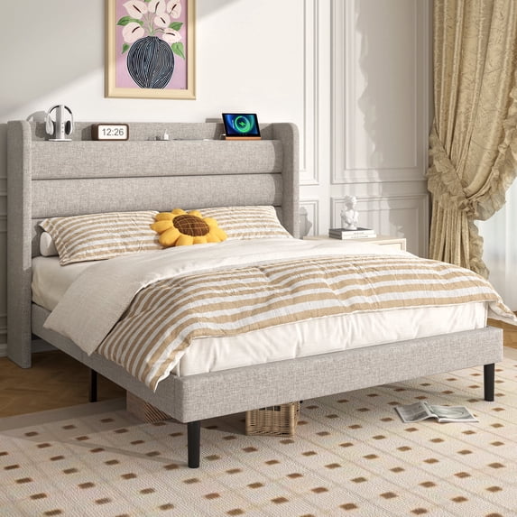 Frostbloom Bed Frame with USB & Type-C Charging Station and Wingback Headboard