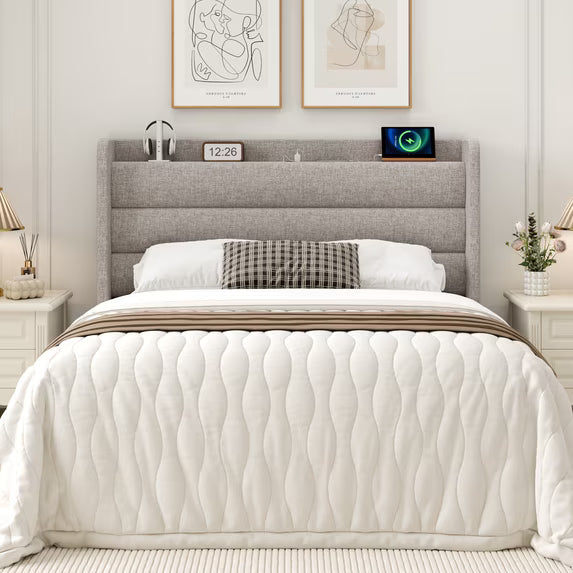 Frostbloom Full size Bed Frame with USB & Type-C Charging Station and Linen Fabric Wingback Headboard, Biege
