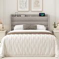 Frostbloom Full size Bed Frame with USB & Type-C Charging Station and Linen Fabric Wingback Headboard, Biege
