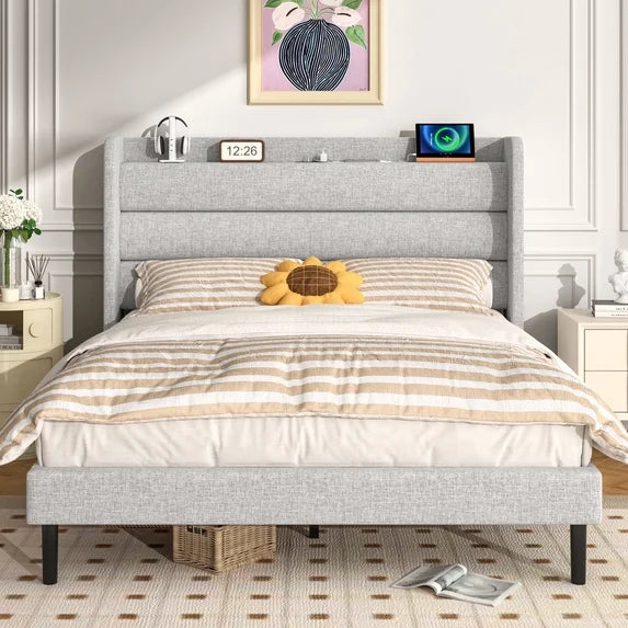 Frostbloom Bed Frame with USB & Type-C Charging Station and Wingback Headboard