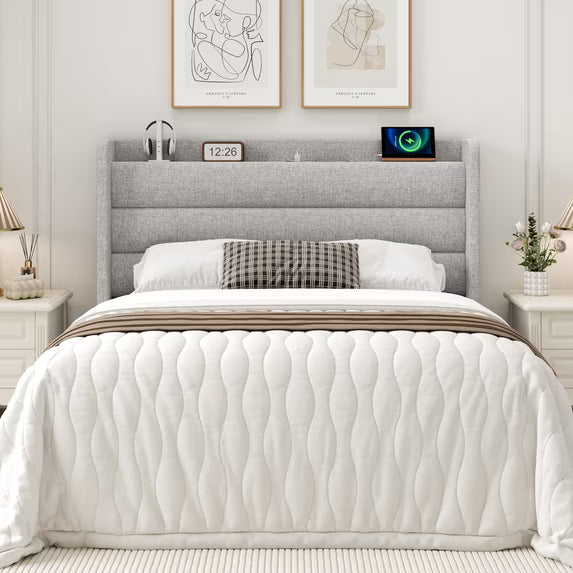 Frostbloom Full Size Bed Frame with USB & Type-C Charging Station and Linen Fabric Wingback Headboard, Light Gray