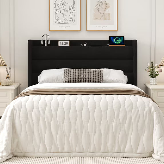 Frostbloom Full Size Bed Frame with USB & Type-C Charging Station and Velvet Wingback Headboard, Black