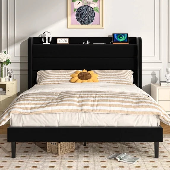 Frostbloom Bed Frame with USB & Type-C Charging Station and Wingback Headboard
