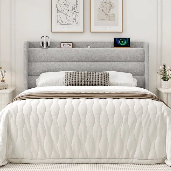 Frostbloom King Bed Frame with USB & Type-C Charging Station and Linen Fabric Wingback Headboard, Light Gray