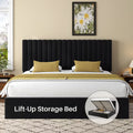 Frostbloom King Size Lift-Up Storage Platform Bed with Vertical-Stripe Velvet Upholstered Headboard, Black