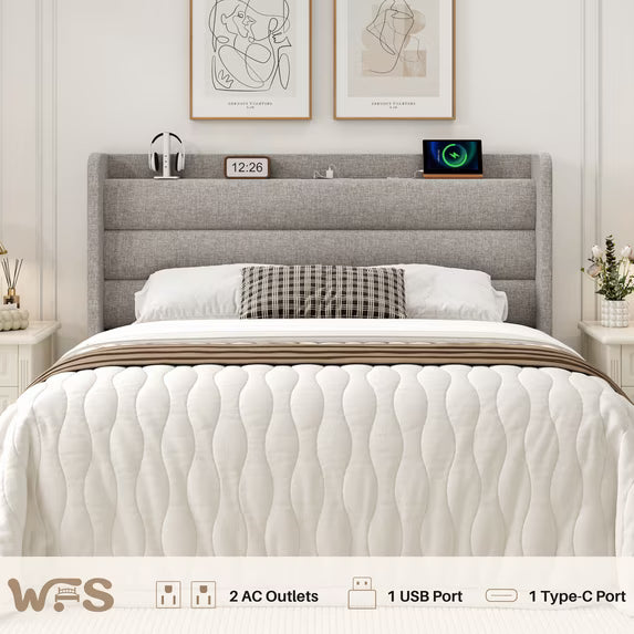 Frostbloom King Size Bed Frame with Usb & Type-C Charging Station and Linen Fabric Wingback Headboard, Beige