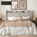 Frostbloom King Size Bed Frame with Advanced Charging Hubs & Storage Shelf, Upholstered Linen Fabric Wingback Headboard, Beige