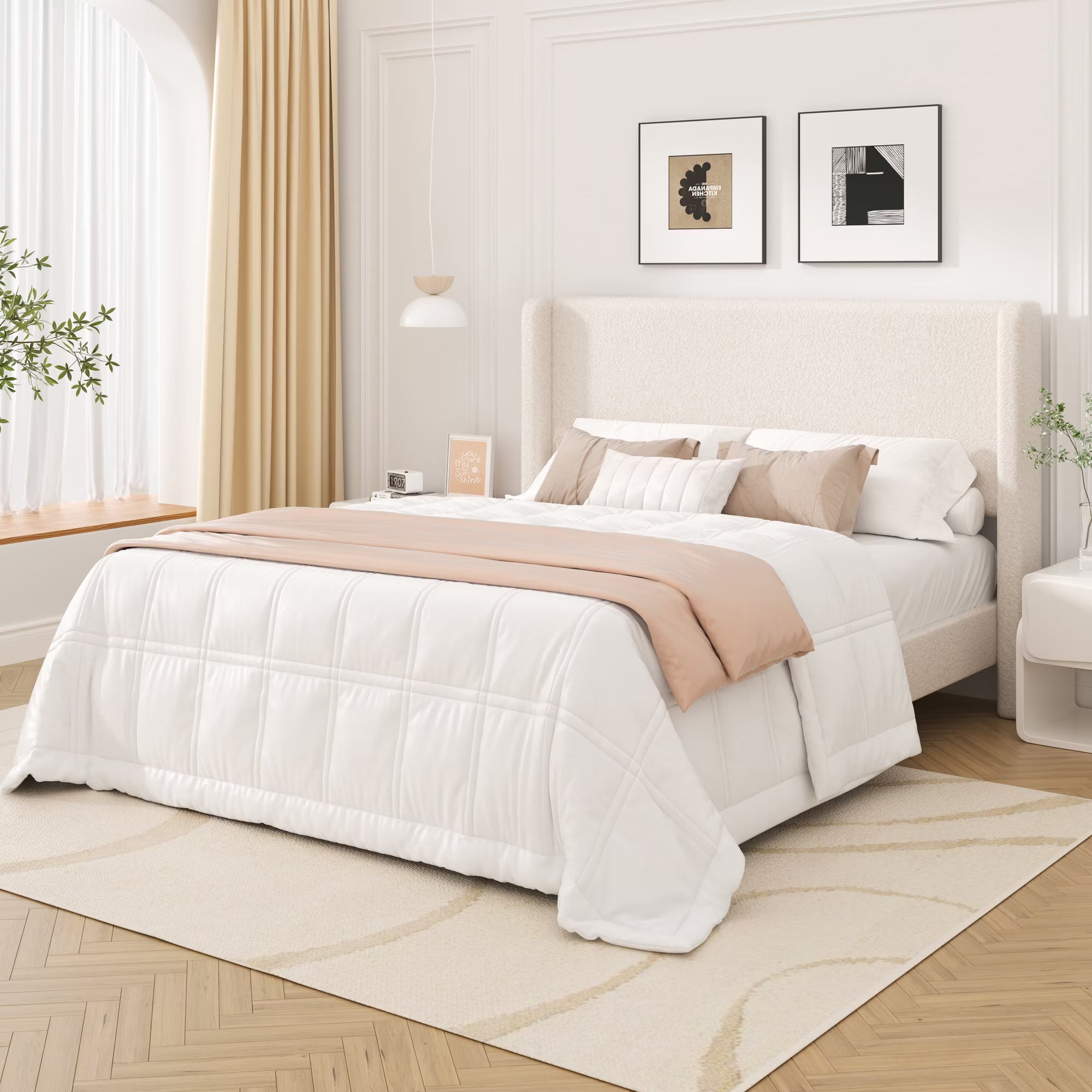 Frostbloom Queen Size Boucle Upholstered Platform Bed Frame with Wingback Headboard, Beige