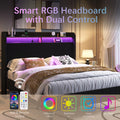 Frostbloom Queen Size Corduroy Bed Frame with LED Lights, Charging Station & Wingback Headboard, Black