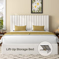 Frostbloom Queen Size Lift-Up Storage Platform Bed with Vertical-Stripe Velvet Upholstered Headboard, Off-White