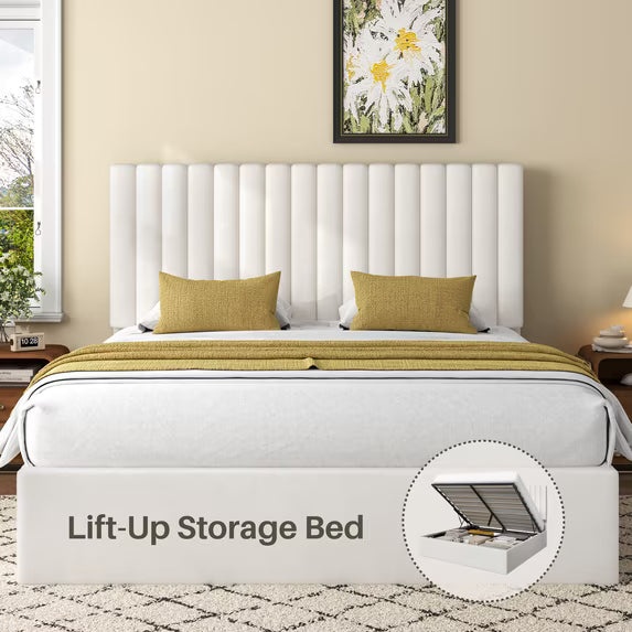 Frostbloom Queen Size Lift-Up Storage Platform Bed with Vertical-Stripe Velvet Upholstered Headboard, Off-White