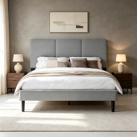 Frostbloom Queen Size Platform Bed Frame with Linen Fabric Upholstered Headboard, Gray