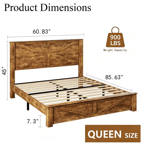Frostbloom Queen Platform Bed Frame with Wooden Headboard, Natural Wood Grain, Brown
